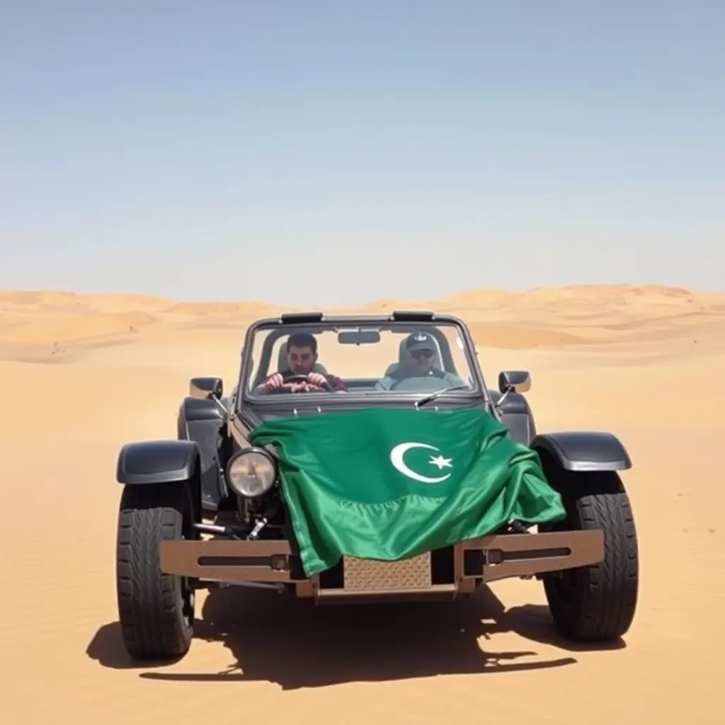 كرستيانو يسوق شاص في الصحراء الليبيه والشاص عليها علم ليبيا 