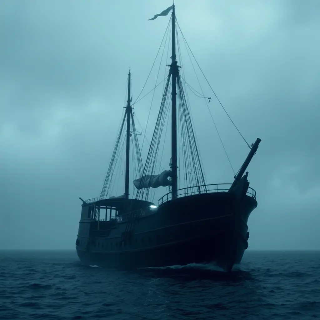 صورة لسفينة شراعية مهجورة تبحر وسط المحيط تحت سماء غائمة وضبابية، مما يضفي عليها جوًا غامضًا. على متن السفينة، يظهر سطحها فارغًا تمامًا، وكأن الطاقم اختفى بشكل مفاجئ. الأشرعة ممزقة قليلًا، والصواري صامدة وسط الرياح، بينما البحر هادئ بشكل غريب، مما يضيف إلى جو اللغز. يمكن إضافة ضوء خافت ينبعث من داخل السفينة، مما يثير التساؤلات حول مصير الطاقم.