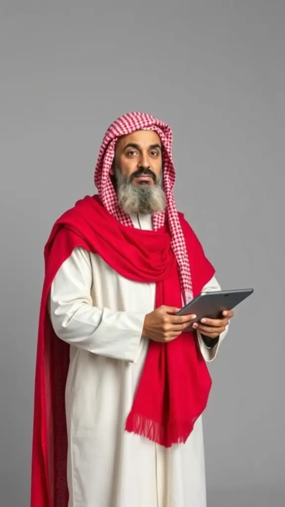 صورة شيخ تونسي بملامح عربية تونسية، يرتدي الجبة التونسية الأصيلة و الشاشية التونسية الحمراء كأنه فرحات حشاد. واقفا وهو يمسك جهاز تابلات