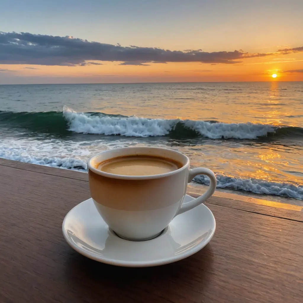 صورة فنجان قهوة مع بحر وغروب ومكتوب عليها مساء الخير
