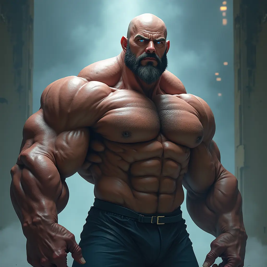 رجل ضخم لديه عضلات وجسم رياضي وعيونه زرقاء واصلع وجسم طويل