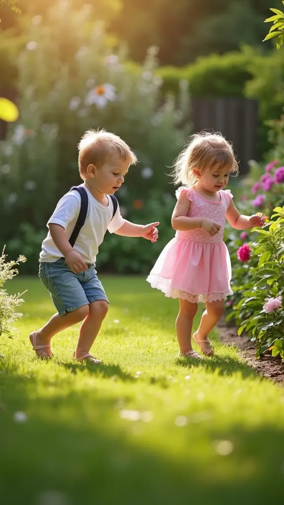 طفل يلعب مع أخته وأخيه في الحديقة