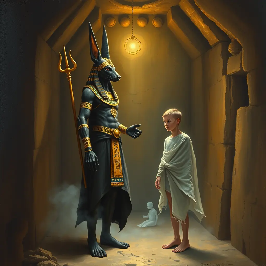Anubis, the ancient Egyptian god of the dead, depicted with the muscular body of a man and the sleek black jackal head, wearing golden ceremonial armor adorned with hieroglyphs and lapis lazuli, a flowing dark linen kilt, and a glowing golden staff shaped like a was-scepter. He stands in a dim, narrow tomb tunnel carved from ancient stone. Before him hovers the translucent ghost of a thin young boy — partially transparent, faintly glowing with pale bluish light. The boy has large, terrified yet innocent eyes, and wears torn ancient linen wrappings. Mist curls around their feet, and the golden light from Anubis's staff reflects softly in the boy's eyes. Oil painting style with visible brush strokes and textured paint layers, mystical and dramatic mood, interplay of warm gold and cold blue lighting, canvas grain visible, inspired by classical oil masters with an ancient Egyptian fantasy tone.