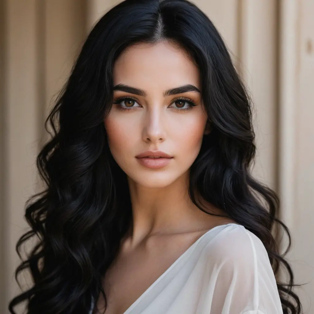 صورة امرأة بشرتها بيضاء و شعرها اسود كثيف مموج يغطي نصف وجهها و عيونها سوداء و ملابسها أنيقة ذات ملامح عربية و اجعلها جميلة