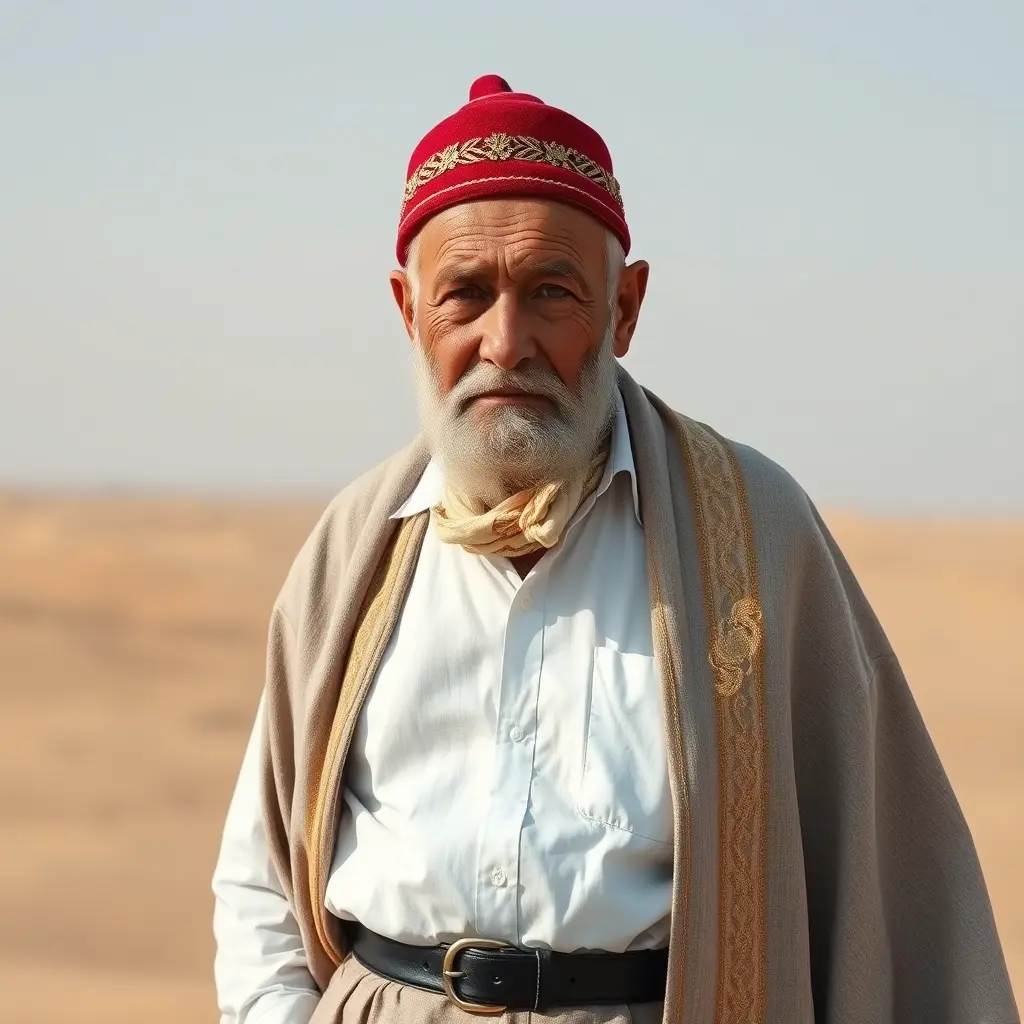 صورة رجل عجوز واقف في وسط الصحراء يدعى العم توفيق عمره 60 عام
بشرته صافية وتمئها التجاعيد التي تظهر عمره
لحية بيضاء كثيفة اللحية مشذبة بعناية
يرتدي قميصاً أبيض ناصعاً، القميص ليس ضيقاً، يضع حزاماً جلدياً حول خصره بلون الأسود، وحذاءء جلدياً بسيطاً من اللون الأسود، وعباءة تقليدية من قماش الكتان باللون الرمادي الفاتح يزينها تطريز من الخيوط الذهبية، يضع طربوش أحمر تقليدياً على رأسه، مزيناً بخيوط ذهبية.