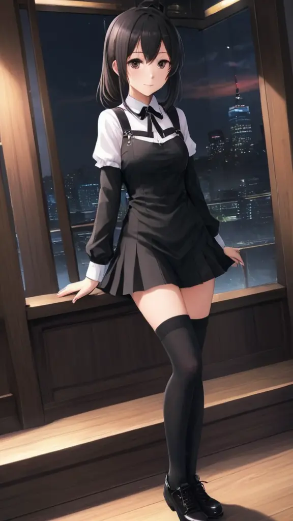 anime girl black Short dress and black long socks