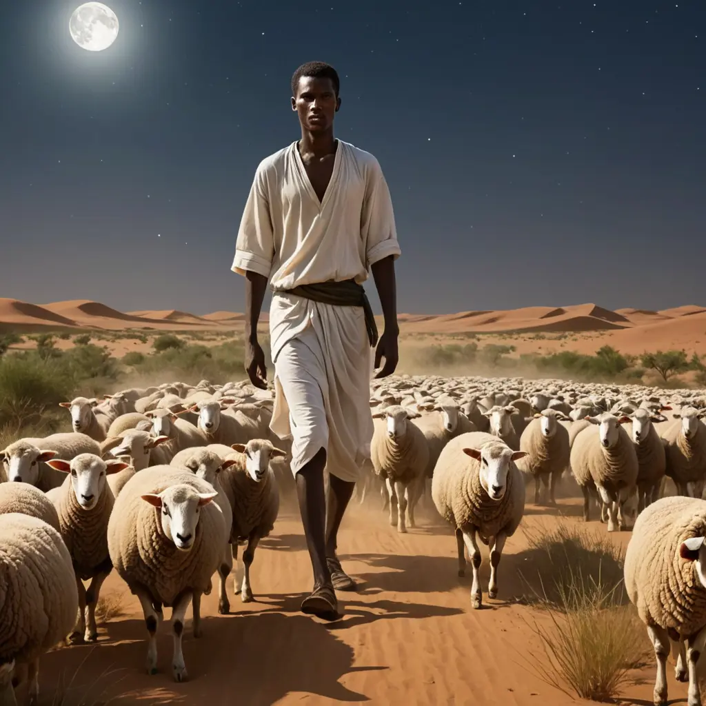 أرسم شاب سوداني يرعى الاغنام في الصحراء مع العشب الكثيف وضؤ القمر