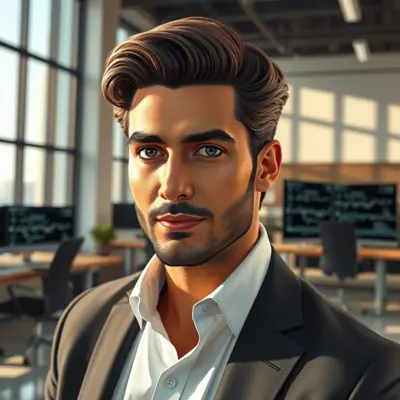 ابتكر تسريحة شعر أنيقة ومتطورة للمهندس صادق الصوفي، تُبرز ذكائه وثقافته. يقع المشهد في بيئة مكتبية عصرية بديكور أنيق وبسيط، مع إضاءة طبيعية غامرة تتدفق عبر نوافذ كبيرة. صُفّف شعر صادق بأسلوب كلاسيكي ومعاصر، بتموجات ناعمة تُحيط بوجهه برشاقة، مُبرزةً تعبيره الثاقب ومظهره المهني. يجب أن تتضمن الخلفية عناصر تكنولوجية حديثة، مثل شاشة كمبيوتر تعرض رسومًا بيانية ومعادلات معقدة، مما يُعزز فكرة الابتكار والذكاء. بأسلوب لوحة رقمية بتركيز حاد وإضاءة واقعية، يُجسد جوهر شخصية صادق وخبرته بأسلوب بصري مذهل.