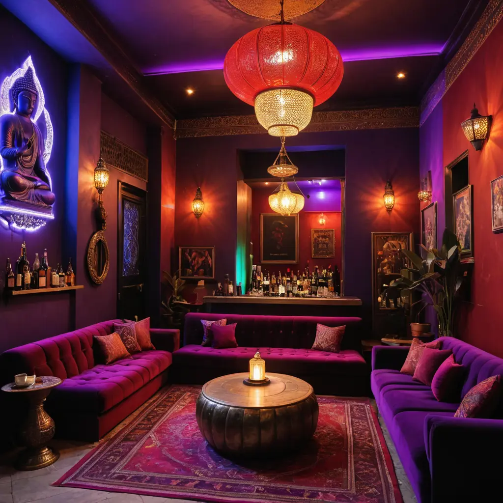 Bar restaurante ecléctico y bohemio, con muchos sofás de terciopelo de color morado y rojo intenso, pufs marroquíes, luces de neón y un gran Buda de estatua con un gran cartel que diga como logo Sab's Home
