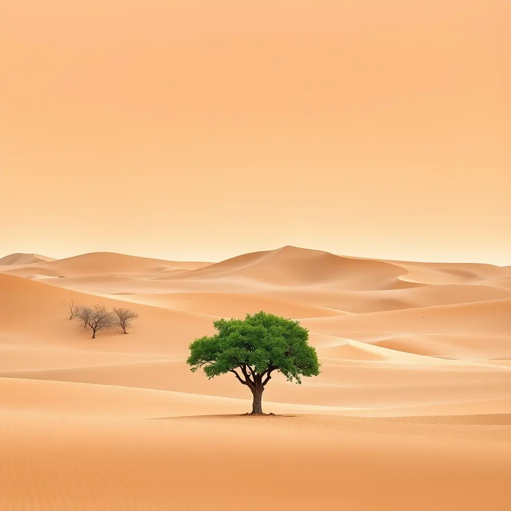 شجرة خضراء بعيدة في صحراء كبيرة و كثبان رملية مرتفعة