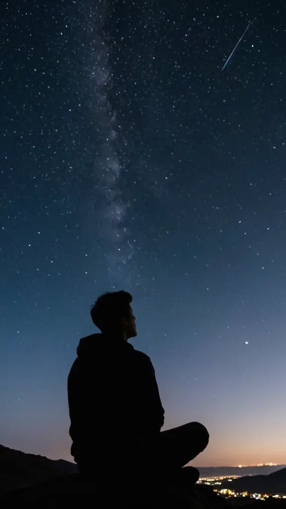 شخص ينظر للسماء في الليل وهو جالس ورافع راسه فوق والنجوم جميله وهادئه