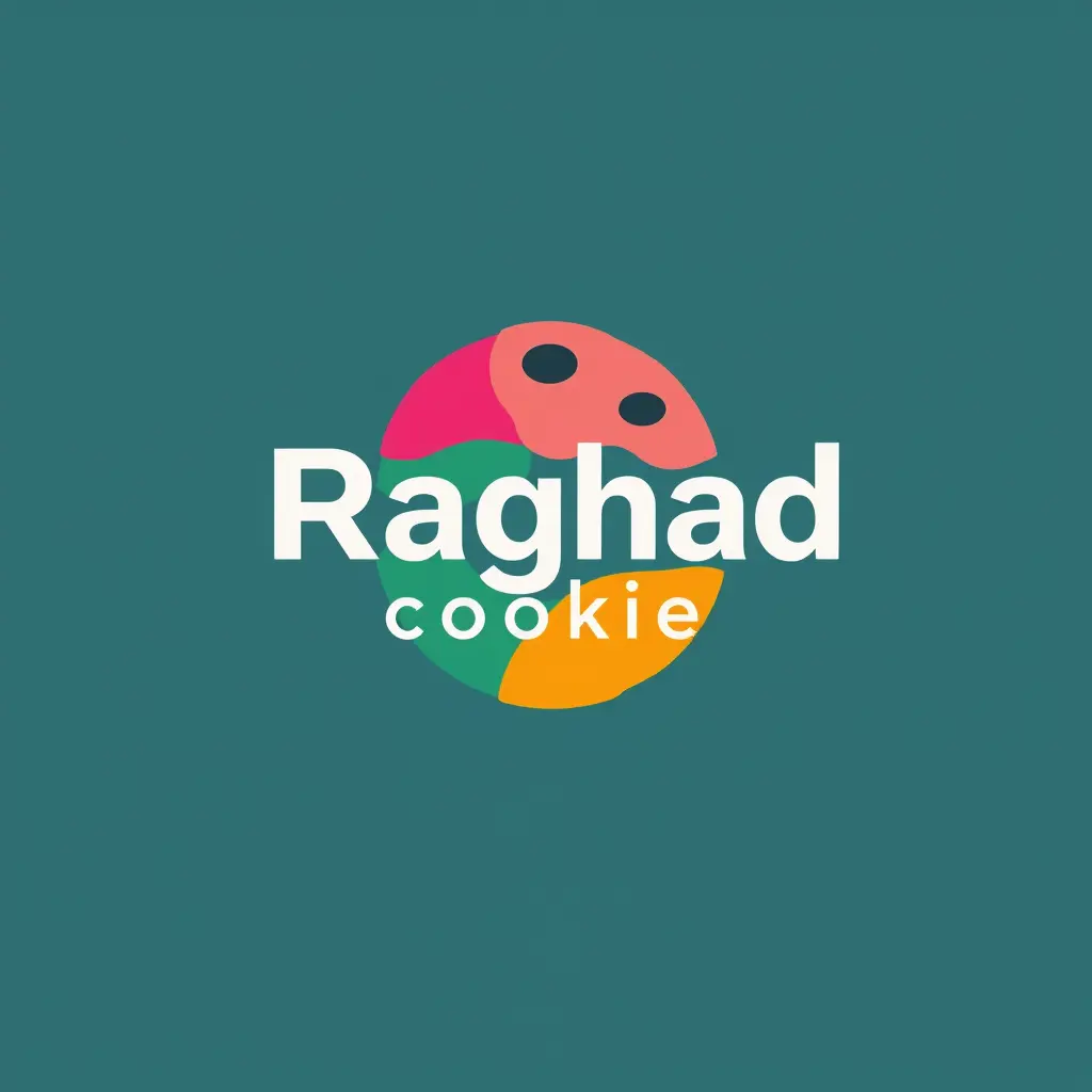 Generate a minimalistic geometric style logo in 2d for a company named 'Raghad Cookies'  . The logo should prominently feature Cookies which uses vibrant colors palette.