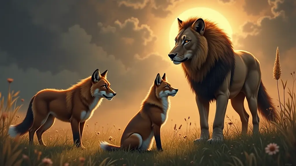أريد صورة يكون فيها الذئب والثعلب والاسد أريد أن يكون الذئب في الوسط