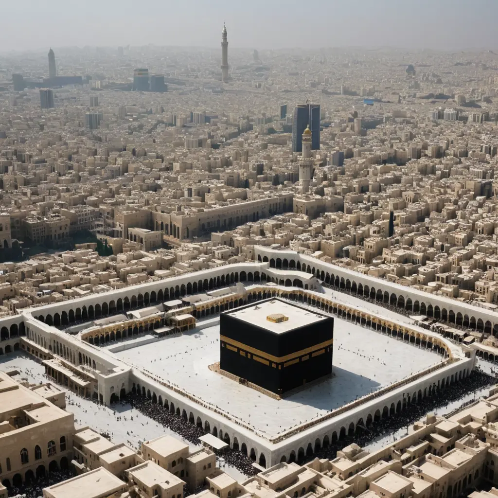 صورة للكعبة من بعيد وييكون المسجد الحرام فاضي جو سينمائي ، تكون من زاوية عالية وصورة امامية