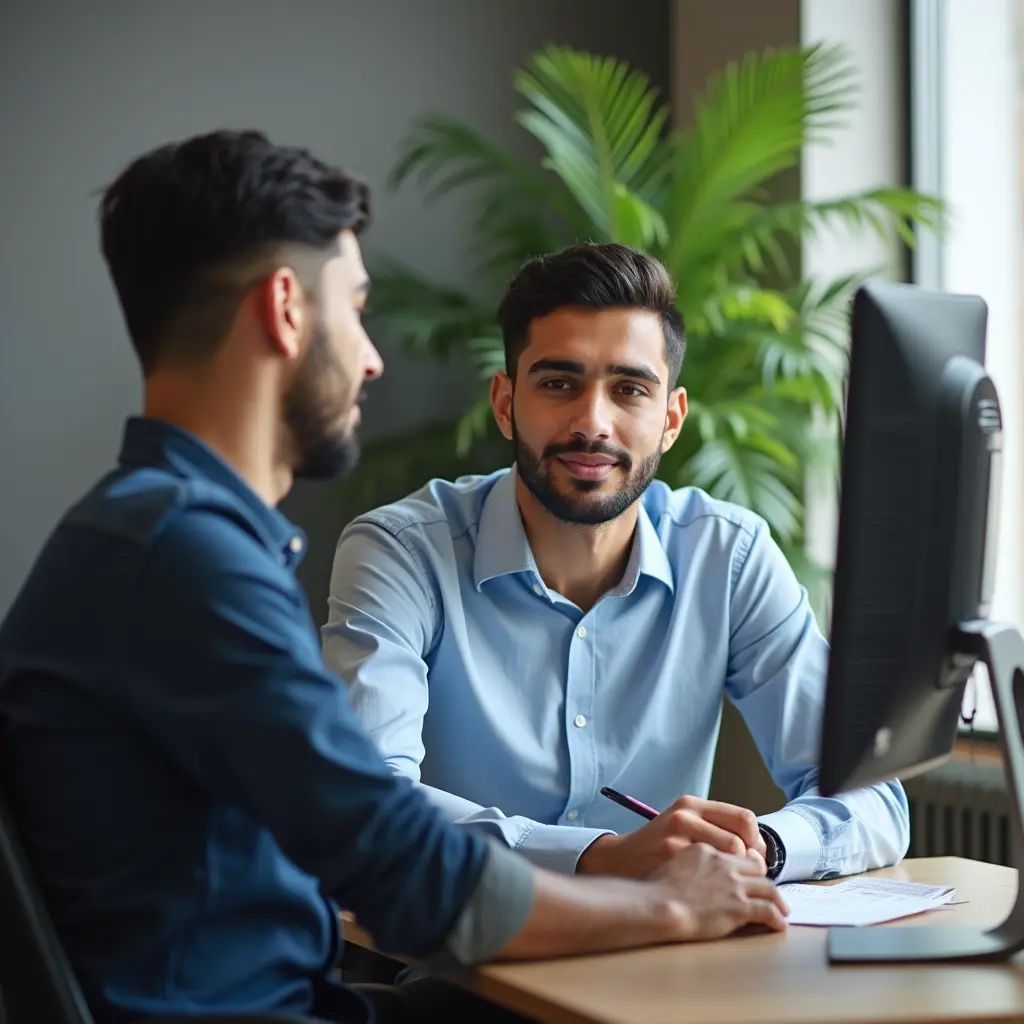 شاب عمره 25 عاما قاعد على مكتب امامه كمبيوتر في شركه موظفه مسؤول تعيينات وتكون ملامح الشاب مصريه