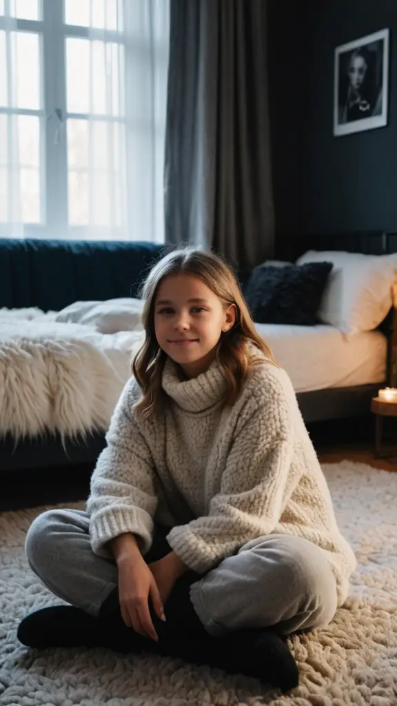 very beautiful swedish 13yo girl wearing a soft fluffy mohair turtleneck sweater sitting on a big fluffy sheepskin rug in a dark bedroom
