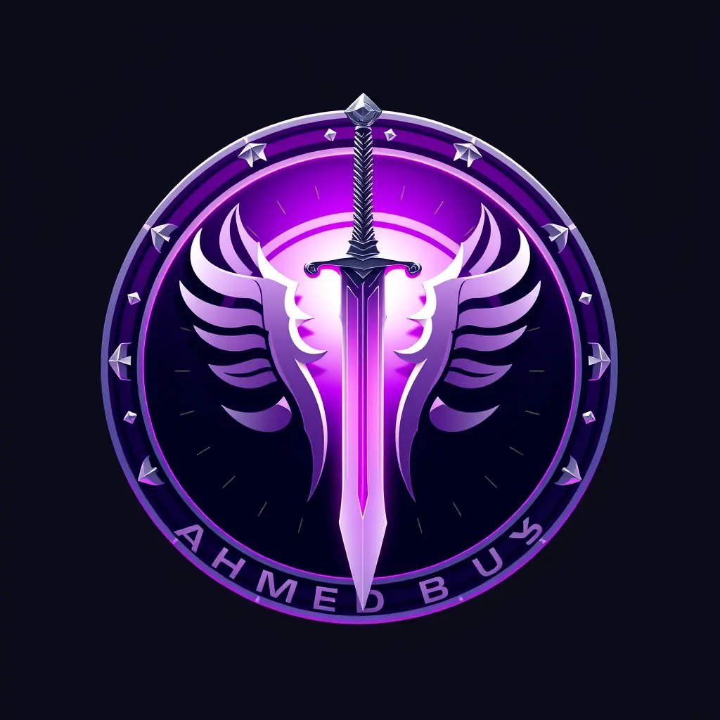 Generate a detailed futuristic style logo in 3d for a company named 'Ahmed Bous'  in the internet field. The logo should prominently feature background and purple and sword .