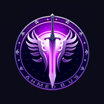 Generate a detailed futuristic style logo in 3d for a company named 'Ahmed Bous' in the internet field. The logo should prominently feature background and purple and sword .