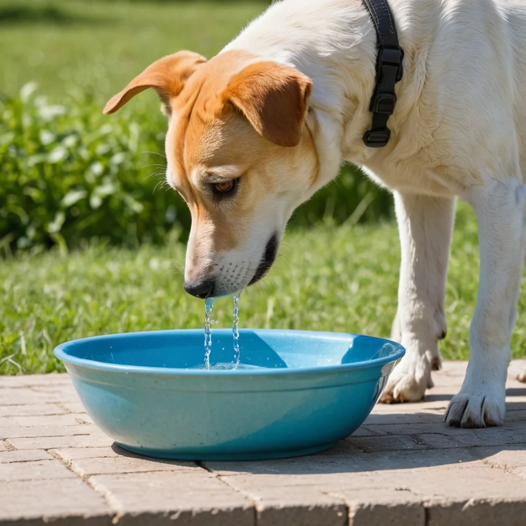 thirsty dog drinking water from a bowl on a hot day