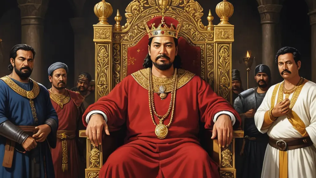 صورة ملك يجلس على كرسيه ومعه عقد من ذهب وأمامه رجل بسيط يعمل حداد وحوله حاشيته ووزرائه.. رسم كرتوني