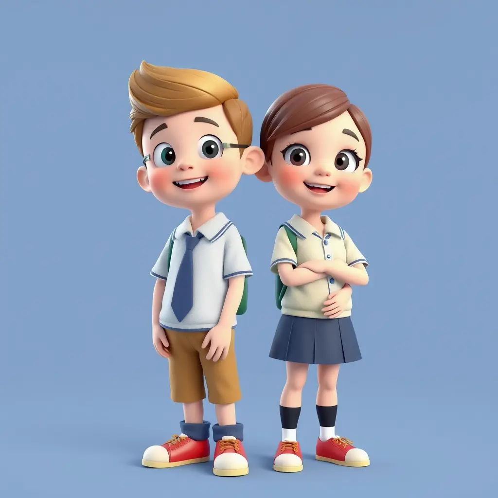 صورة طفلين كارتون 3d ولد وبنت يرتديان زي مدرسه بدون خلفيه