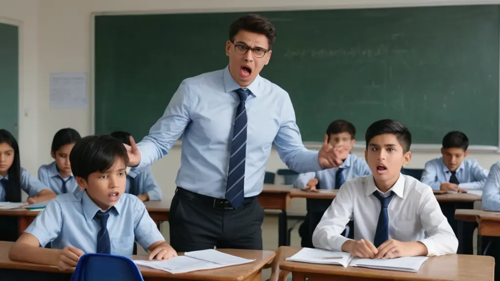 معلم غاضب جدا جدا داخل الفصل مع طلابه الطلاب أولاد فقط ويستخدم معهم العنف في تدريسهم والطلاب تبدو عليهم ملامح الخوف والانزعاج
