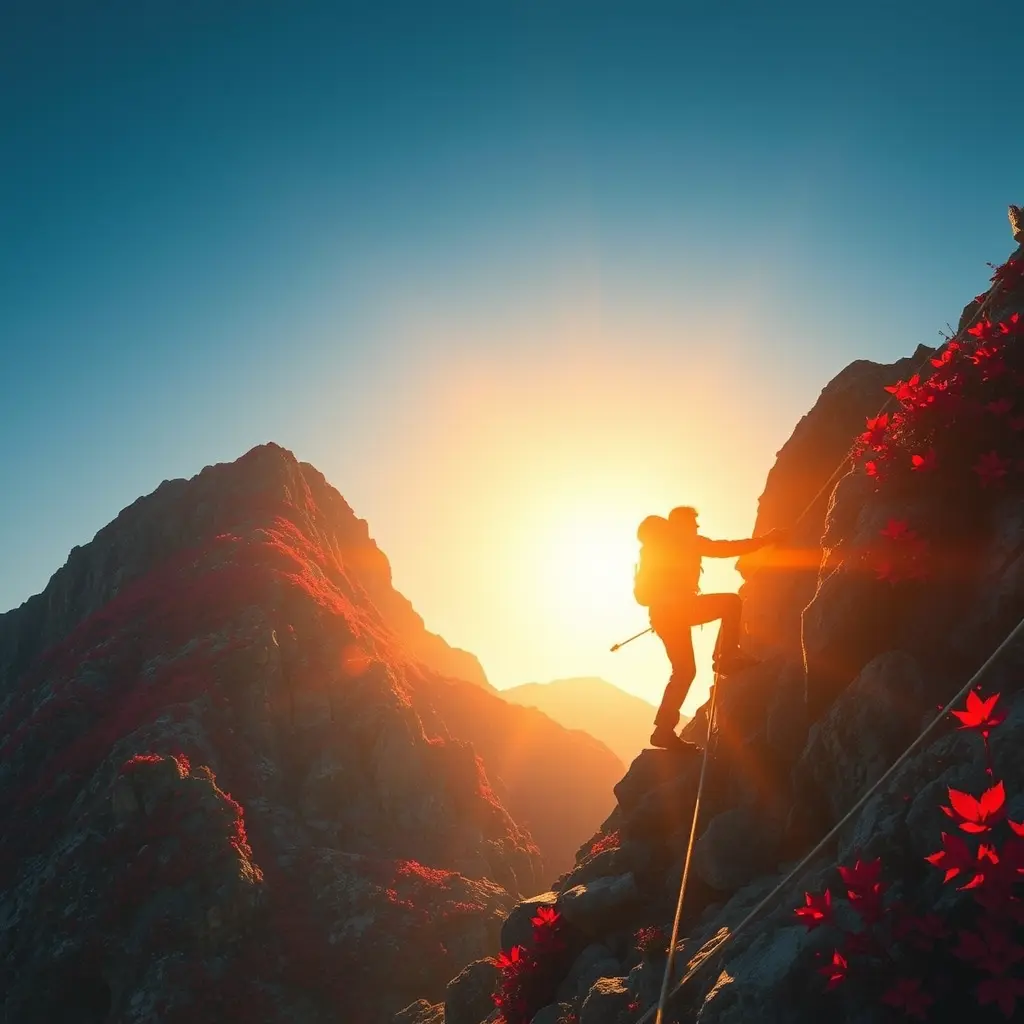 رجل يتسلق جبلًا صخريًا شديد الانحدار تحت سماء زرقاء صافية. الجبل مغطى بأزهار وأوراق حمراء زاهية، تلقي بظلالها العميقة على الأرض. تُلقي الشمس الغاربة بوهج ذهبي دافئ على كل شيء، مُبرزةً عناصر الهوية البصرية الحمراء الزاهية، مثل الحبال والمعدات، وحتى سترته، مُبدعةً مشهدًا دراميًا وديناميكيًا. التقط هذه الصورة بأسلوب لوحة رقمية لإبراز الألوان والقوام الزاهية.