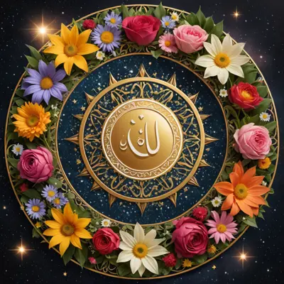 تصميم اسم محمد داخل باقت ورد بشكل دائيري وحولهم الشمس والجوم والكواكب