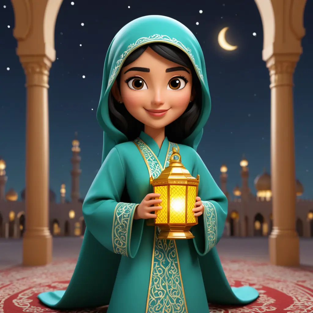 امرأة ترتدي الزي السعودي وتحمل بيدها فانوس رمضان كرتون 3d
