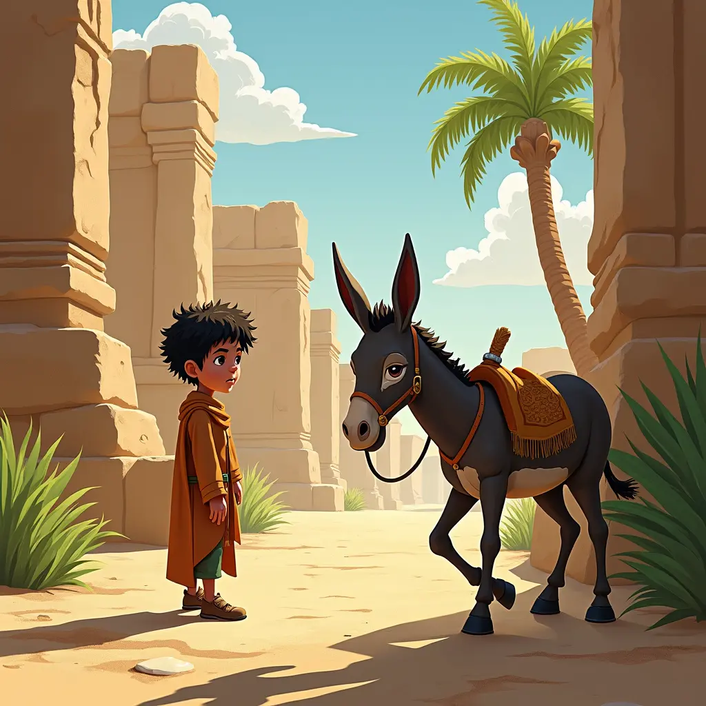 يقف فتى يُدعى أواب يتدرب في واحة صحراوية منعزلة، حيث تُلقي الشمس بظلالها الطويلة ويملأ الهواء برائحة المريمية. كُتب على لافتته "أواب الحمار"، وهو يُمارس بدقة حكمة ودهاء حماره المُعلِّم ذو العين الواحدة، مُحاطًا بأعمدة حجرية عتيقة مُتآكلة تُعيد صدى قصص من ألف عام. يُضفي المشهد جوًا من السكينة والهدوء، مُجسدًا جوهر التقاليد والتفاني في هذه البيئة القاسية والجميلة في آنٍ واحد. بأسلوب لوحة رقمية مُفصلة، بتركيز حاد وإضاءة واقعية، تُصوِّر الصورة النظرة العازمة على وجه أواب وهو يتدرب تحت النظرة اليقظة لحماره المُعلِّم ذو العين الواحدة. تتميز الخلفية بمساحات خضراء خصبة وأشجار نخيل عتيقة، مما يُضفي على المشهد ثراءً وعمقًا.