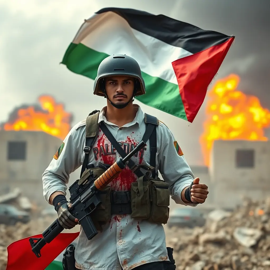 اعطني صورة جندي فلسطيني قميصه مليئ بالدماء واليد سلاح يحمل علم فلسطين في خلفيه دمار عالم