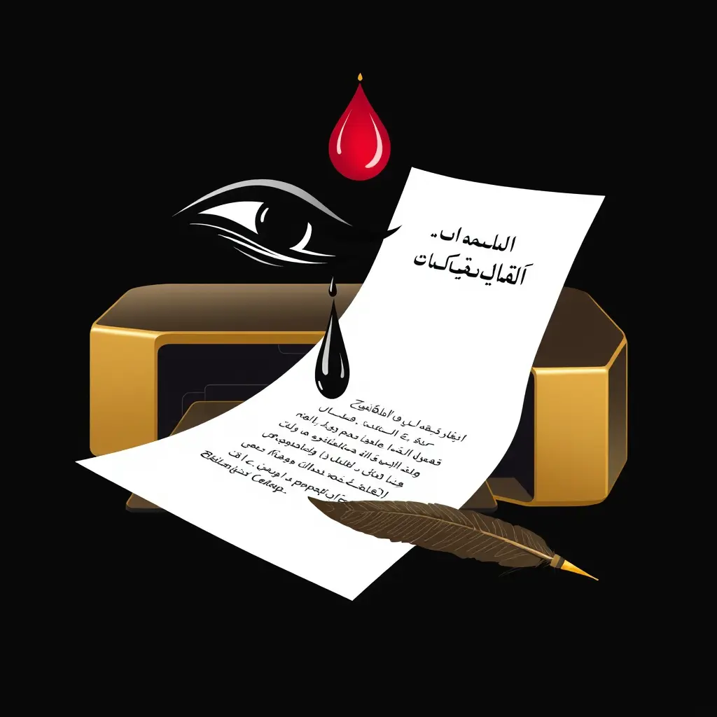 العناصر الرمزية في الصورة:
1. دمعة زينب الكبرى: تُرسم كنقطة حبر تسقط من عين سيدة مكلومة، تنزل مباشرة على ورقة بيضاء.
2. تحوّل الدمعة إلى حبر: عندما تلامس الدمعة الورقة، تتحول إلى حبر أسود أو أحمر وتبدأ بكتابة بيت شعري (يمكن ترك مساحة فارغة للكتابة).
3. الورقة تخرج من طابعة: توضع الورقة داخل طابعة ذهبية حديثة الشكل لكن بلمسة تراثية، وكأن الطابعة تطبع الألم الحسيني.
4. الخلفية: خلفية داكنة (أسود أو رمادي عميق)، تعزز الوقار والرمزية.
5. رمز القبة الذهبية داخل قطرة: إشارة إلى كربلاء في أعلى الشعار أو بجانب النص، داخل دمعة حمراء تنزل من القلم أو العين.
6. الريشة أو القلم: يكون مشبعًا بقطرات الحبر/الدمع، وكأنه ينقل الألم من القلب إلى الورق ويخط عبارة ( موكب دموع زينب) بالخط الديواني الملكي .