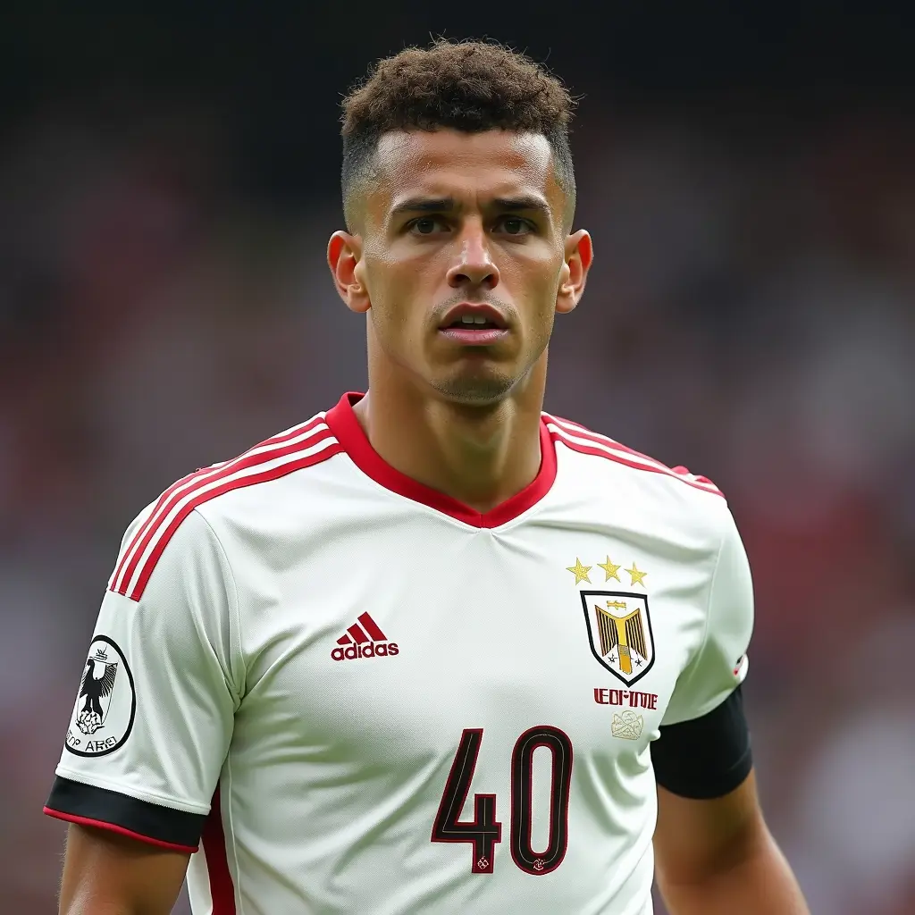 لاعب كرة قدم مدافع شعره كيرلى قصير طول اللاعب 172 سم وزن اللاعب 60 كجم أبيض البشرة يرتدى تيشرت منتخب مصر رقم 40 