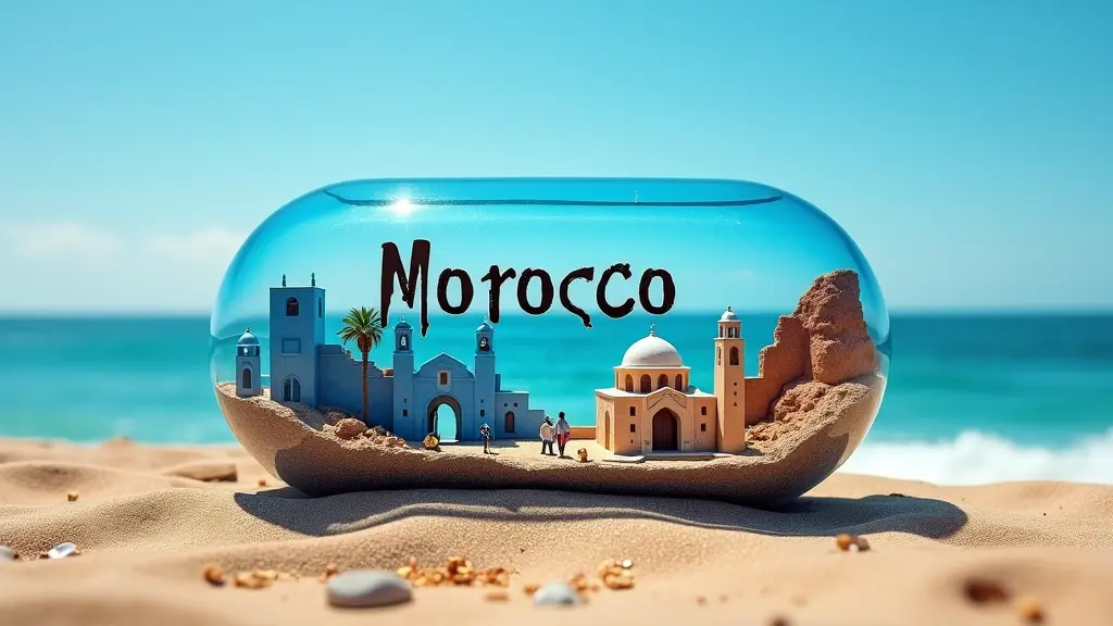 صورة فنية خيالية تُظهر كبسولة شفافة نصفها زرقاء مكتوب عليه كلمة (Morocco) بخط واضح. بداخل الكبسولة مشهد مصغر يضم أزقة مدينة شفشاون الزرقاء، مع لمسات من الأسواق التقليدية المغربية والمآذن الجميلة، وجبال الريف أو أطراف من الصحراء المغربية. الكبسولة موضوعة على شاطئ رملي بجانب البحر وتحت سماء مشرقة.