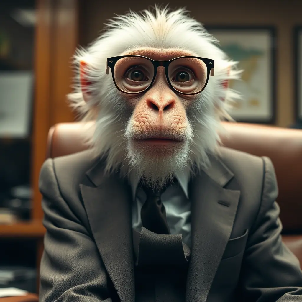 قرد لونه ابيض ليس لديه شعر في الوجه وليس لديه لحية ويلبس نضارة طبية ويحلق شعره مثل الانسان ويلبس بدلة طويلة العتق ويجلس في مكتب الادراة وجهه منتهج ومبتسم