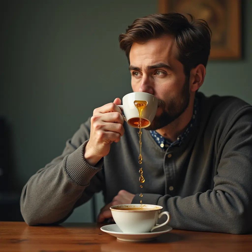رجل يشرب الشاي و وقع منه الشاي عن طريق الخطأ