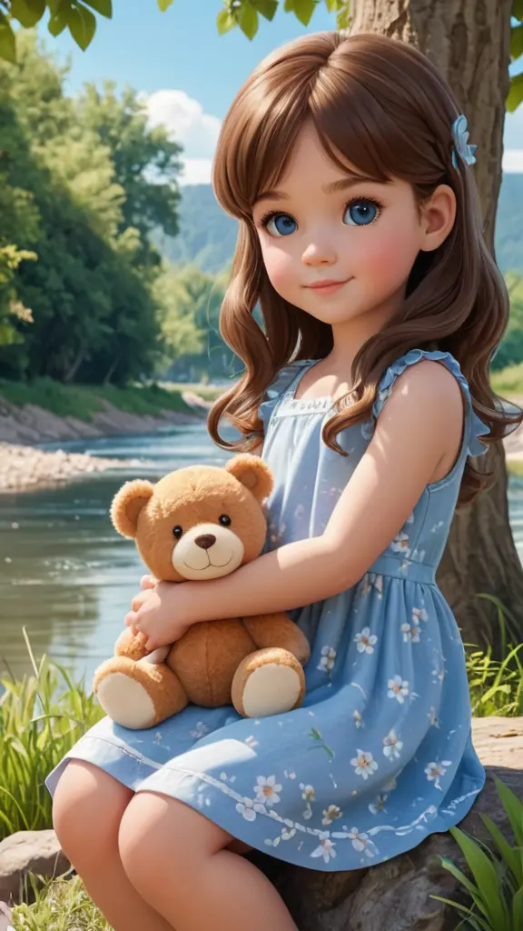 شخصية كرتونية طفلة صغيرة شعرها بني وعيون زرقاء ترتدي فستان زهر تحمل لعبة دبدوب صغيرة وتجلس تحت شجرة بجانب ضفة نهر كرتون 4d