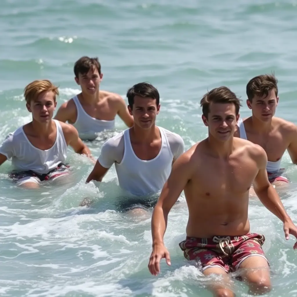 خمسه 5 شباب بعمر 36 يتسبحون في البحر وسط امواج خفيفة متباعدين عن بعض جميعهم يلبسون شورتات منوعه وتيشيرتات لون أبيض