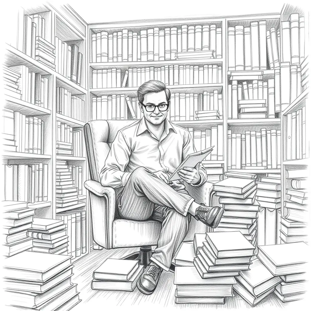 رسم بالقلم الرصاص رجل يجلس علي كرسي ويلبس نظارة داخل مكتبه مليئه بالكتب ويحلس علي مكتب وامامه كتب كثيره يقرأ فيها