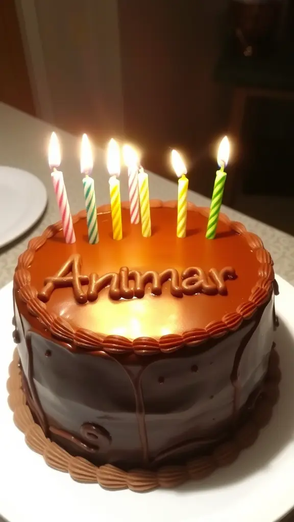 Birthday cake with the name Anmar written on it, decorated with candles