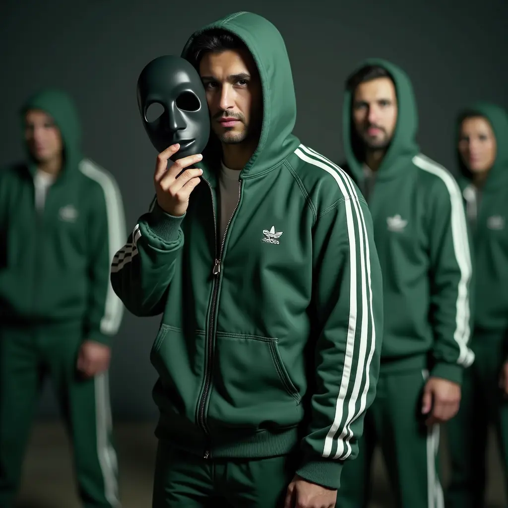 Cinematic poster in Squid Game style. The subject is wearing a dark green tracksuit with clean white side stripes along the sleeves and pants, front zipper clearly visible, and a white undershirt. The tracksuit has a slightly loose fit, with soft fabric folds and realistic stitching. The subject is holding a matte black, low-poly, geometric mask with sharp, angular edges, close to their face, partially covering it. Background is dark, slightly blurred with a shallow depth of field, featuring several out-of-focus figures in similar green Squid Game tracksuits. Lighting is moody and dramatic, highlighting the subject’s face and the texture of the tracksuit. The overall aesthetic is ultra-realistic, detailed fabric texture, high contrast shadows, and cinematic color grading. No text, no logos, only the character and environment.
