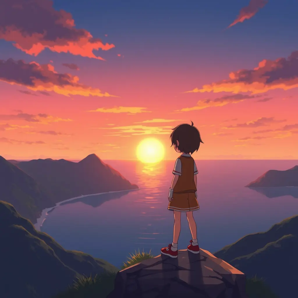 صورة لشخصية كرتون او انمي واقف على جبل مطل على البحر مع غروب الشمس بألوان هادئة و جميلة