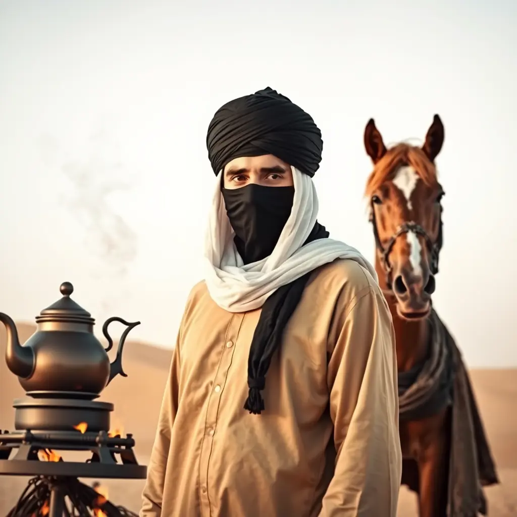 رجل عربي ملثم ويلبس عمامة سوداء ملتفت وراءه بشموخ وشهامة في الصحراء يساره ابريق شاي يسخنه على النار ويمينه حصان عربي اصيل وصديقه الذي يلبس لباسا عتيقا وراءه