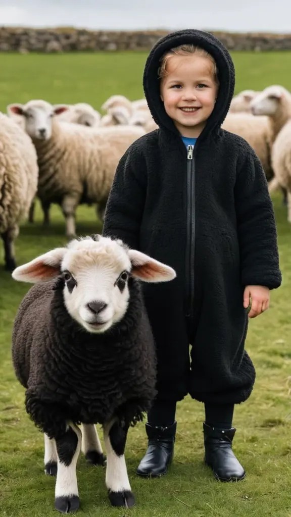 تخيل صورة لطفل صغير يرتدي زيًّا أسود بالكامل يشبه فراء الخروف، يغطي جسمه بالكامل ويتضمن غطاءً للرأس بأذنين تشبهان أذني الخروف. الطفل يبتسم ابتسامة لطيفة، وعيناه تبرقان بالسعادة. بجانبه يقف خروف صغير بنفس لون زي الطفل، حيث يمتلك فراءً أسود بالكامل ويبدو هادئًا ومسترخيًا. يقف الطفل والخروف بجانب بعضهما وكأنهما يلتقطان صورة تذكارية. الأرضية خضراء وتعكس ضوء الشمس، مما يضفي أجواءً دافئة وحيوية على المشهد. ملحوظه . الخروف يقف بجانب الطفل ولسيس خلفه وليس أمامه