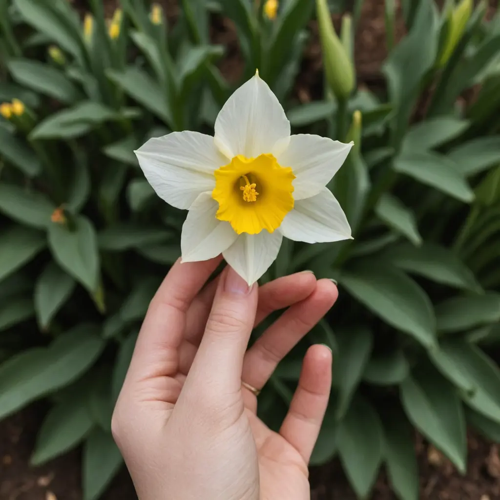 يد فتاة تمسك وردة نرجس