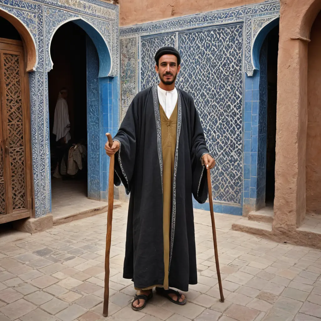 رجل مغربي بدوي يرتدي جلباب من الثرات المغربي القديم وبيده عكاز خشبي ويقف على رصيف مزخرف بالزليج المغربي