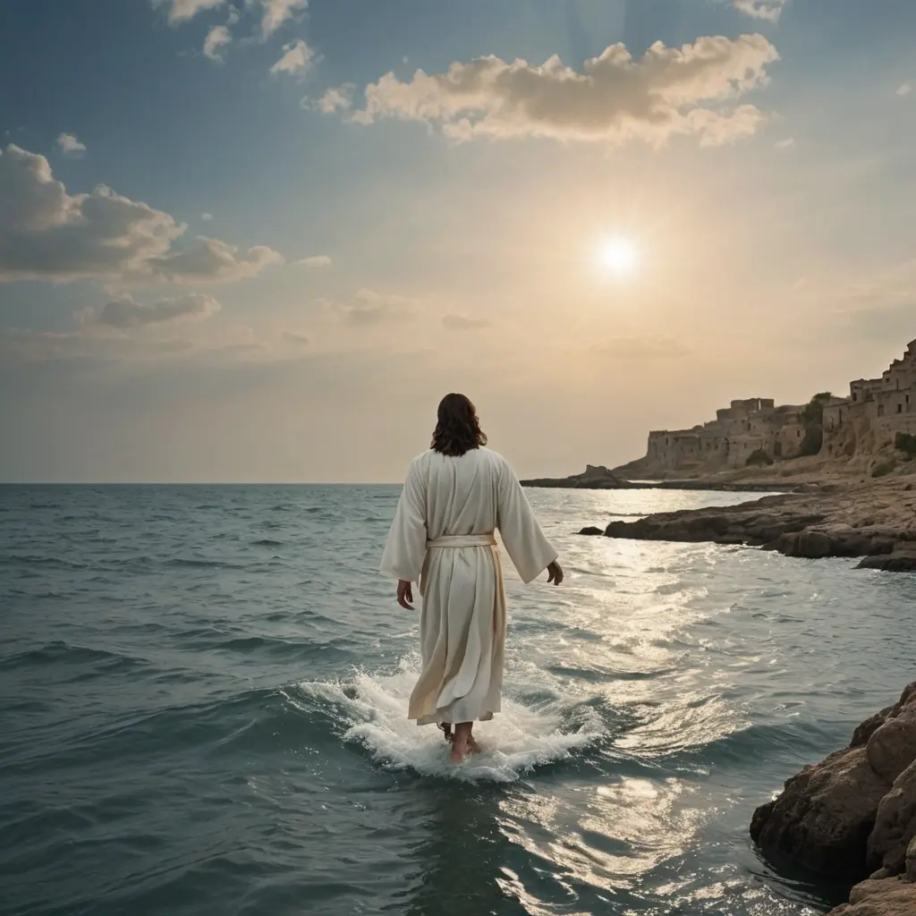 Uma imagem que descreva a cena de Jesus Cristo caminhando sobre as águas.