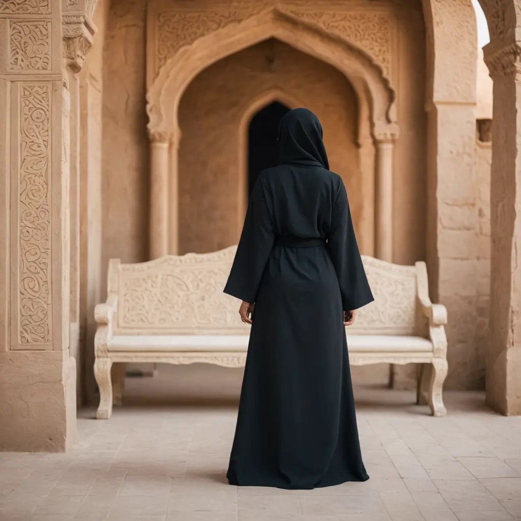 صورة امرأة كاملة من الخلف مرتديه عبايه مضغوطة وهي تكتب