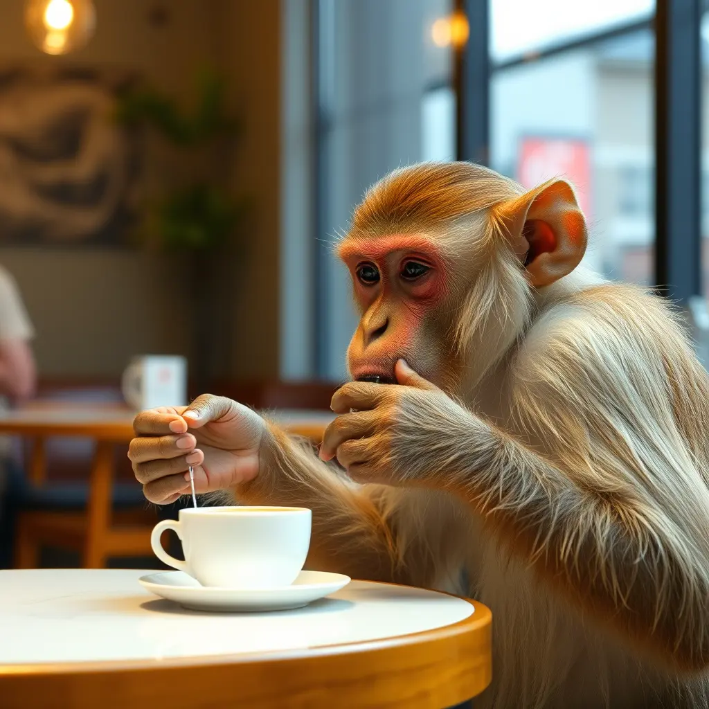 صورة الى قرد وهو يشرب القهوه في مطعم