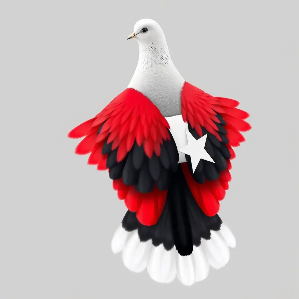 حمامة بيضاء نقية، ريشها ملون بالألوان الثلاثة لعلم اليمن: الأحمر، الاسود، والابيض وسط صدرها. جسد الحمامة رشيق ، ومرفوعة الرأس فاردة الجناحين